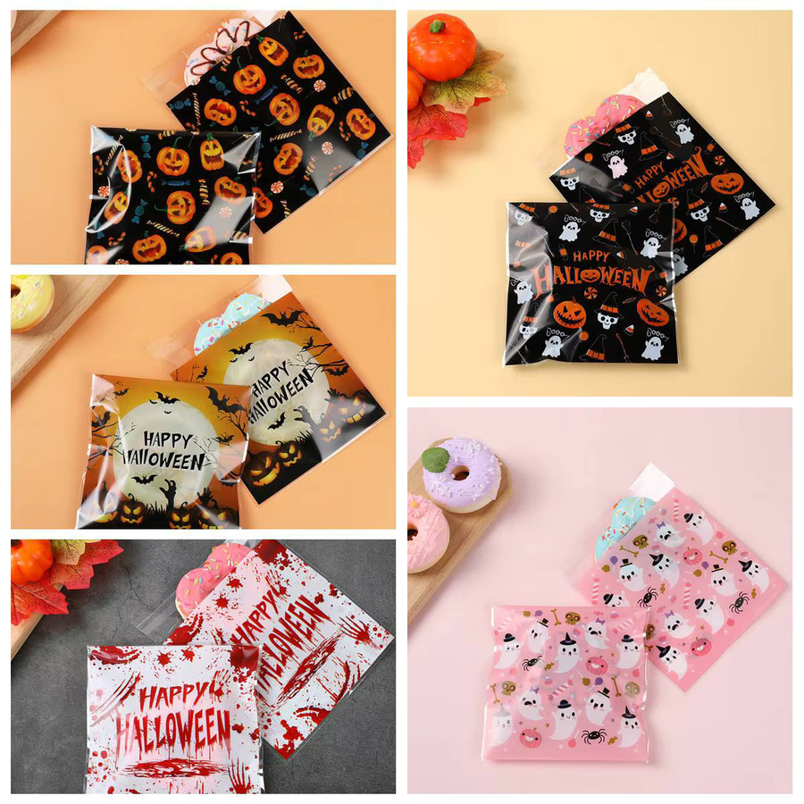 50 Stück Halloween Süßigkeiten Taschen aus Kunststoff mit Kürbis und Geist Motiven zur Party Dekoration - Bild 1