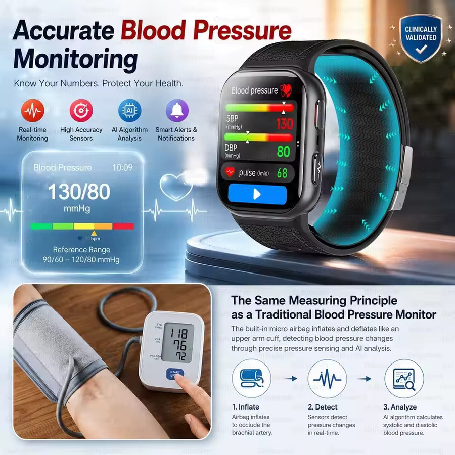 GUHUAVMI Smartwatch mit EKG-Funktion und Airbag-Technologie zur Blutdruckmessung in Schwarz - Bild 3