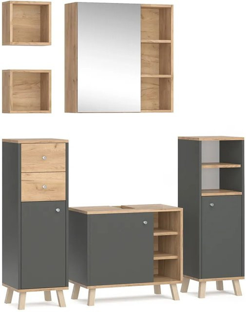 Vicco Badmöbelset Senyo in Anthrazit und Gold bestehend aus Midischrank, Waschtischunterschrank und Spiegelschrank - Bild 2
