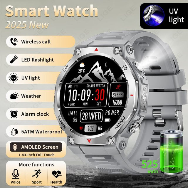 LIGE Smartwatch, AMOLED-Bildschirm, 5 ATM, Schwarz, Silikon, Unisex - Bild 1