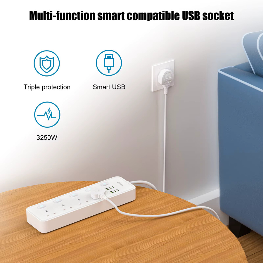 HITRENDS 10-in-1 Smart-Steckdosenleiste in Weiß mit 2 USB- und 4 Typ-C-Anschlüssen für schnelles Laden, 3250W Leistung - Bild 2