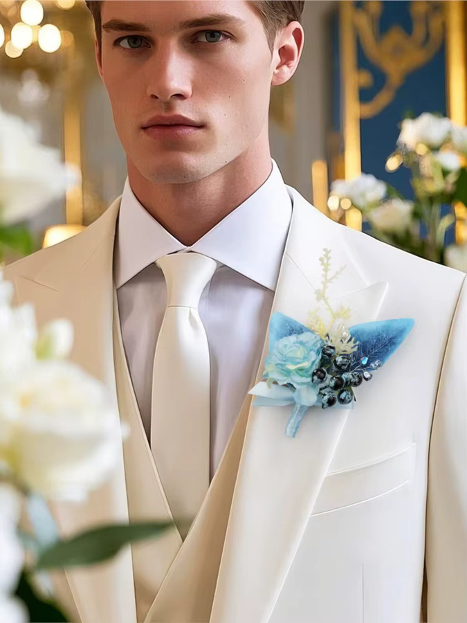 Uflower Blaue Boutonniere aus Textil für Bräutigam und Trauzeugen, Künstliche Blumen für Hochzeit und Jubiläen - Bild 4