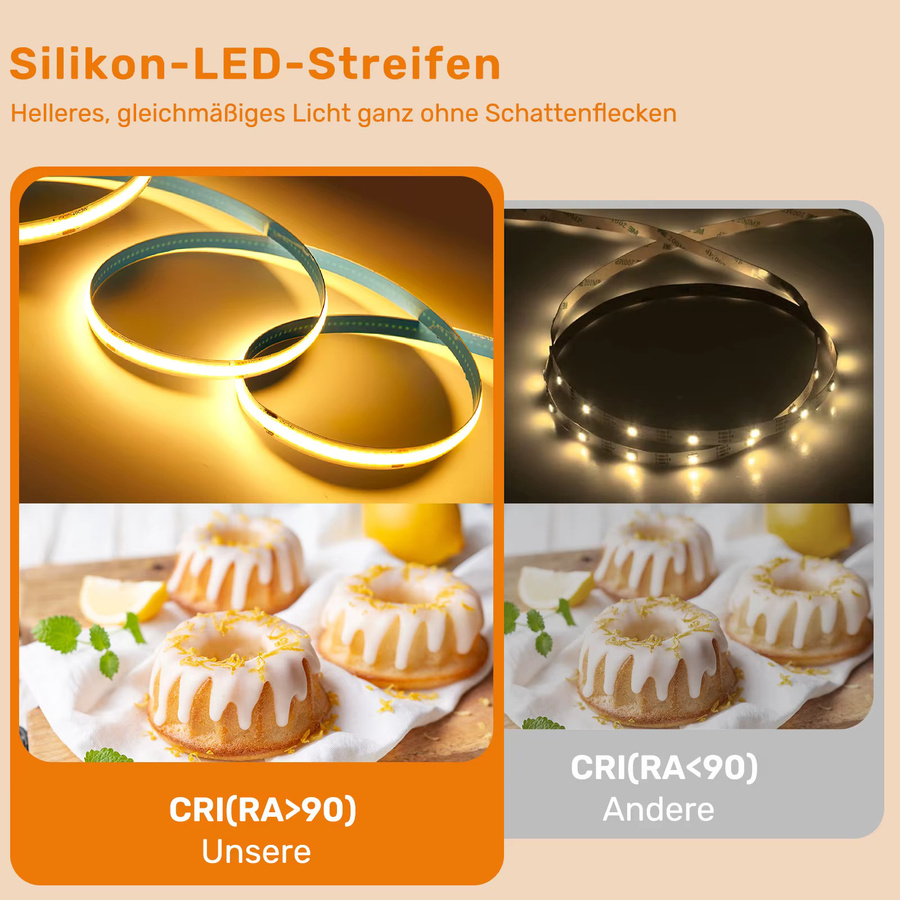5er-Pack Oraymin COB-LED-Streifen 24 V, warmweiß 3000 K, selbstklebende Lichtstreifen 2 m Länge, 8 mm Breite - Bild 5