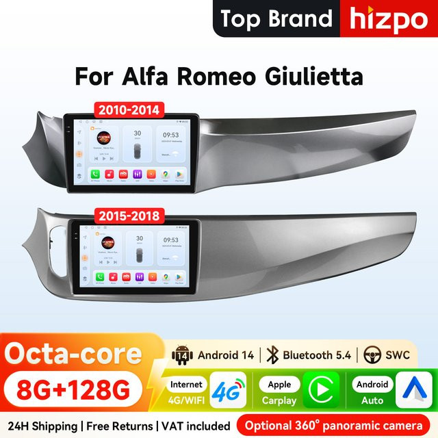Hizpo Android 14 Autoradio für Alfa Romeo Giulietta 2010–2018 mit 9 Zoll Display, Snapdragon 6115, DSP, GPS, 4G, Bluetooth, CarPlay und 360 Grad Kamera Unterstützung - Bild 1