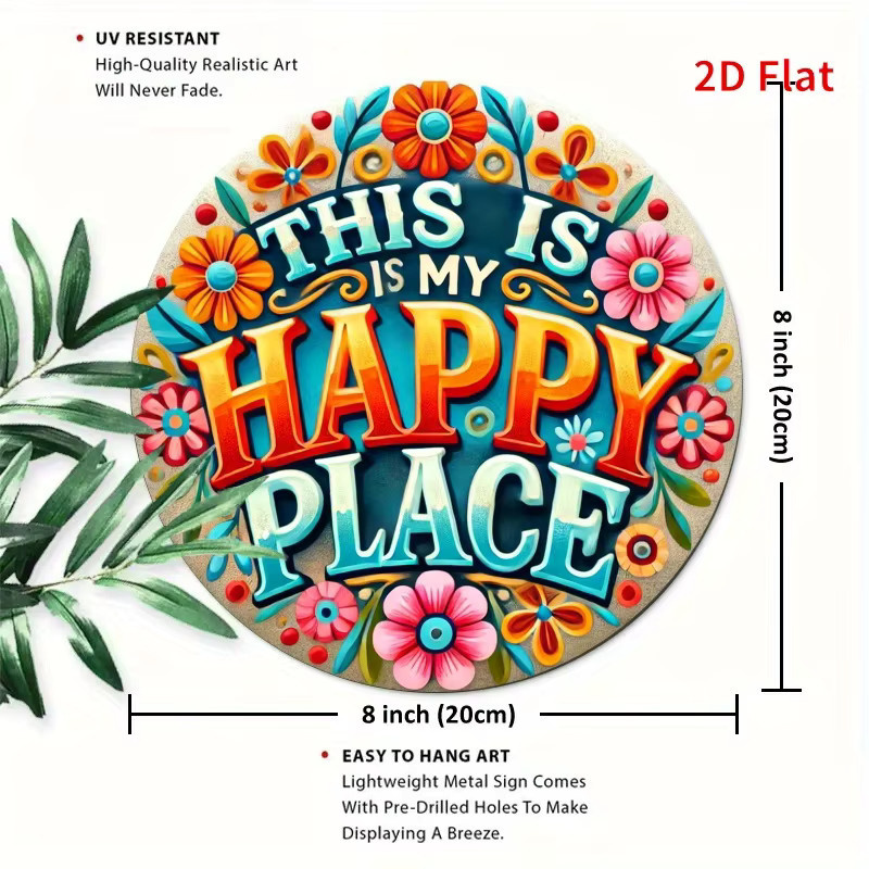 Potdemiel Metall-Wandkunstschild This Is My Happy Place mit floralem Design und Typografie, rund, Multicolour, Durchmesser: 20 cm - Bild 2