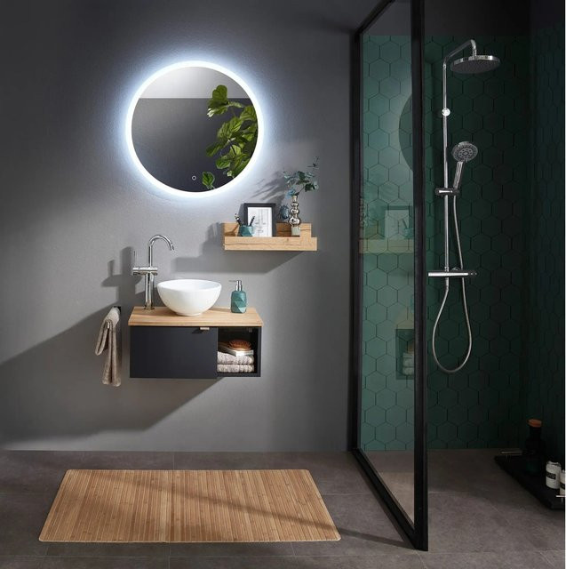 Pelipal Badmöbel-Set Serie 6915 Halifax Eiche und Schwarz Matt mit Keramik Aufsatzbecken, Waschtischunterschrank, Waschtischplatte und Funktionsspiegel mit LED-Beleuchtung und Sensor-Schalter - Bild 1
