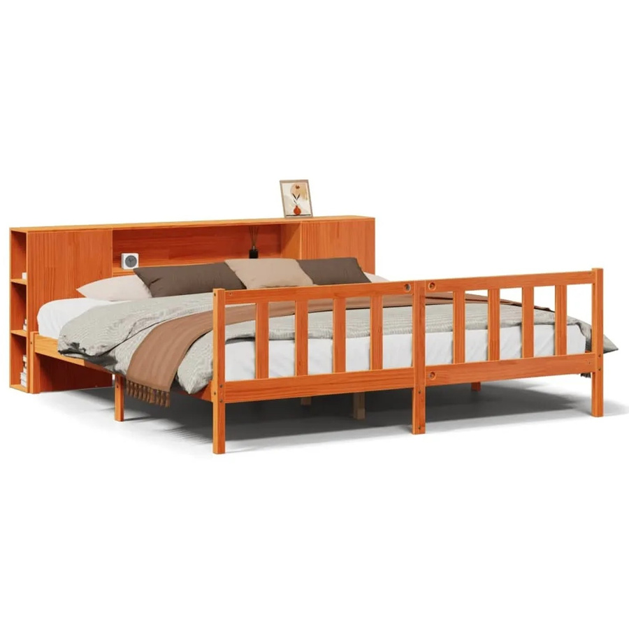 vidaXL Massivholzbett aus Kiefernholz mit Kopfteil und Regal in Wachsbraun B/T/H: 200 x 200 x 82 cm - Bild 2
