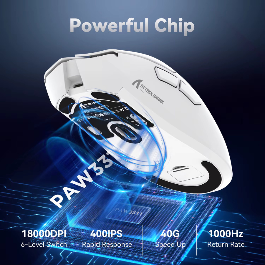 ATTACK SHARK R1 Tri-Mode Gaming-Maus in Weiß mit PixArt PAW3311-Sensor, 18000 DPI und 59 g ultraleichtem Design für PC und Mac - Bild 3