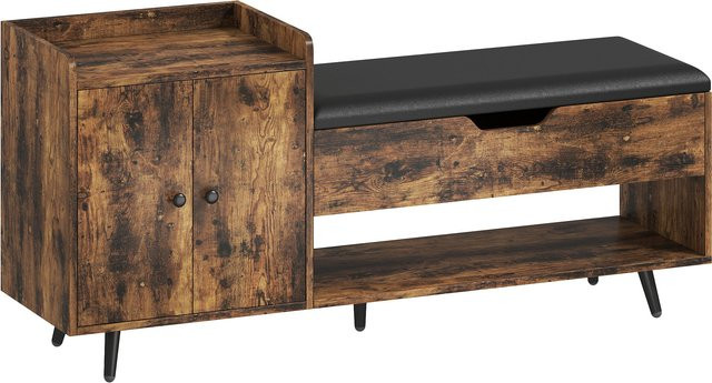 Aosom Schuhbank im Industrial-Stil mit gepolstertem Sitz und Stauraum, Rustikales Braun, B/T/H: 127 x 35 x 59 cm - Bild 1