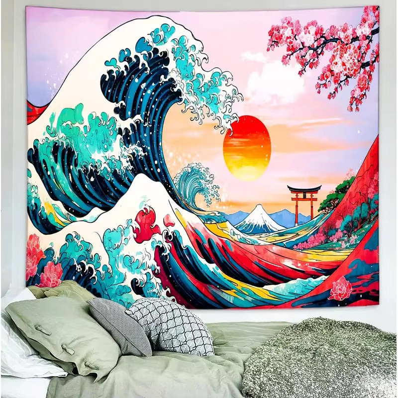 VIKAMA Wandteppich Große Welle im japanischen Kanagawa-Stil mit Kirschblüten, Mehrfarbiger Wandbehang für dein Schlafzimmer, B/H: 60 x 40 cm - Bild 2
