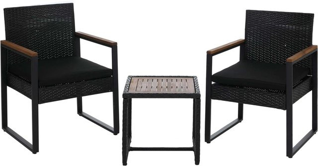 MCW Poly-Rattan Garten-Garnitur P74 mit Tisch und 2 Stühlen aus Akazienholz in Schwarz mit schwarzen Polstern - Bild 2