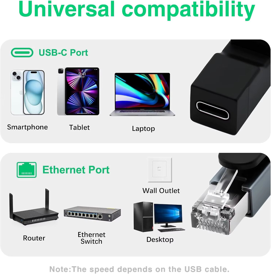 JoniSerl USB-C zu Ethernet Adapter, 1Gbps RJ45 Netzwerk-Konverter in Schwarz - Bild 4