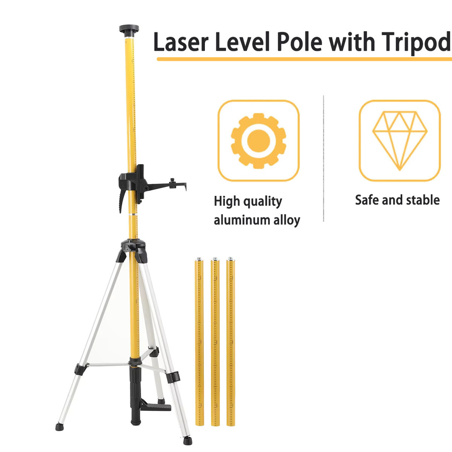 Laser-Nivellierstativ-Stange mit Feineinstellkopf und Teleskop-Verlängerung, 3,6 m Höhe, Gelb, mit 1/4" & 5/8" Gewinde für Rotationslinienlaser - Bild 3