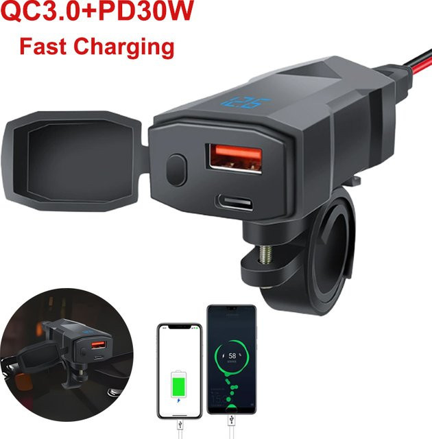Motorrad USB Ladegerät mit Voltmeter und PD QC3.0 Schnellladefunktion, Dual USB Buchse mit USB-C, wasserdicht, Schwarz, 12V Adapter für den Lenker - Bild 1