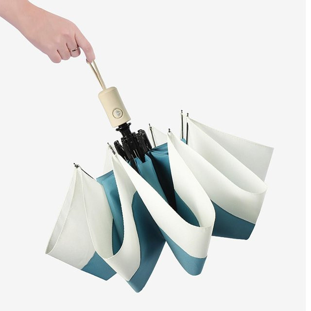 Koreanischer Stil Dreifachschirm Blau-Weiß mit automatischem Öffnen und Schließen und Sonnenschutz in Weiß - Bild 1