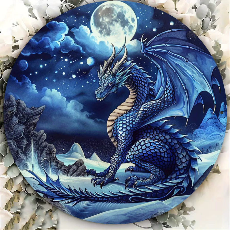 Potdemiel Fantasy Blue Dragon Aluminium-Wandkunst, rundes Vintage-Metallschild in Blau, Durchmesser: 20,3 cm - Bild 2