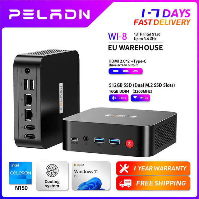 Peladn WI-8 Mini-PC mit Intel Twin Lake N150, 16 GB DDR4, 512 GB SSD, Windows 11, Wifi 5.0, Bluetooth 4.2, Triple-Display und Dual Lan in Schwarz - Bild 1