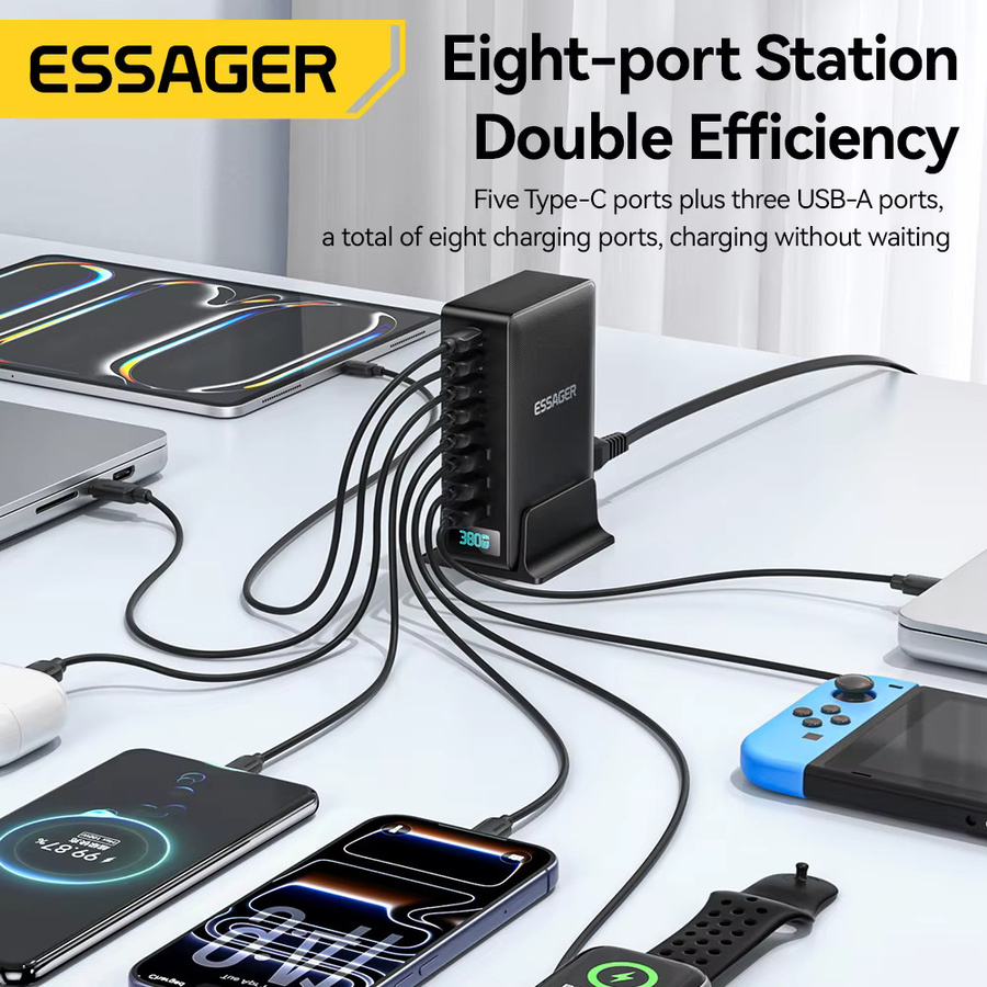Essager 380W GaN Schnellladestation 8-in-1 Desktop-Ladedock für Laptop und Smartphone in Schwarz - Bild 4