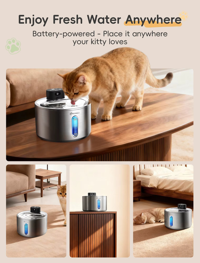 APETDOLA Kabelloser Katzen-Wasserbrunnen aus Edelstahl in Schwarz oder Silber, 4 l, batteriebetrieben mit 5000 mAh für Katzen und Hunde im Innenbereich - Bild 2