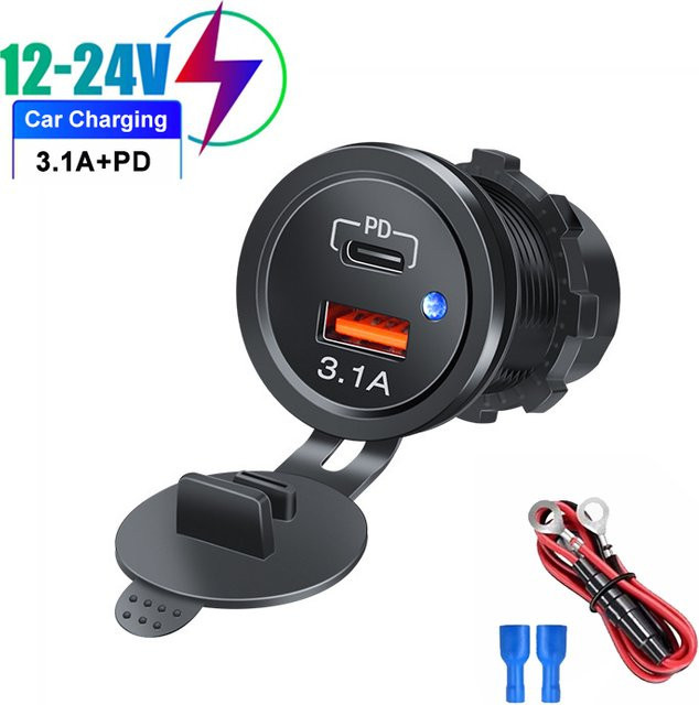 Wasserdichtes Dual-USB-Ladegerät mit LED-Licht und Steckdose in Schwarz für Auto, LKW, Motorrad, ATV und Boot - Bild 1