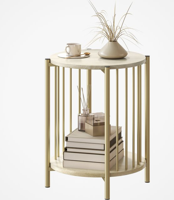 HOMCOM Runder Beistelltisch mit 2 Ebenen in Natur und Gold, moderner Beistelltisch mit Stauraumregal und Stahlrahmen für Wohnzimmer und Schlafzimmer, Durchmesser: 41 cm, Höhe: 49 cm - Bild 1