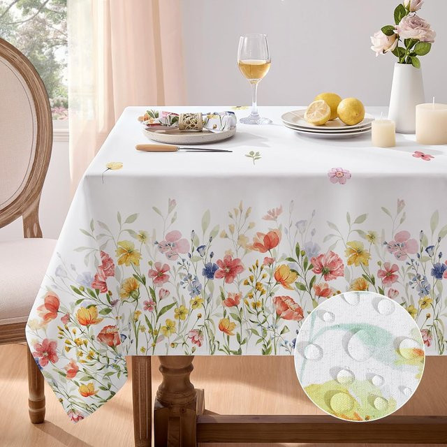 Rechteckige Tischdecke von JINGYUE Pet mit floralem Aquarell-Blumenmuster in Weiß, B/T: 140 x 140 cm - Bild 1