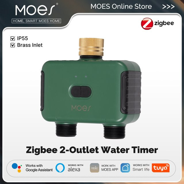 MOES Smart ZigBee Wassertimer mit 2 Ausgängen, programmierbarer Messing-Eingangssprinkler mit Filter, Steuerung über Tuya App, Alexa und Google Home, Gold/Grün - Bild 1