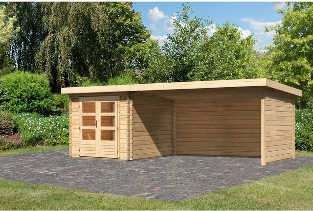 Karibu Holz-Gartenhaus Ängelholm in Natur mit Pultdach und moderner Blockbohlenbauweise, Farbe: Braun, B/T/H: 280 x 220 x 222 cm - Bild 1