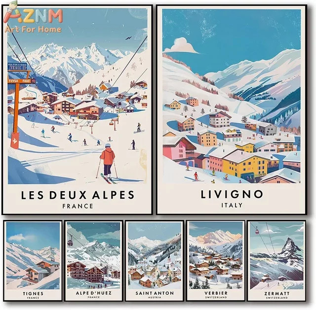 AZNM Vintage Europäisches Skiresort Reiseplakat als Leinwand Wandkunst mit Berglandschaft Druck in Mehrfarbig - Bild 1