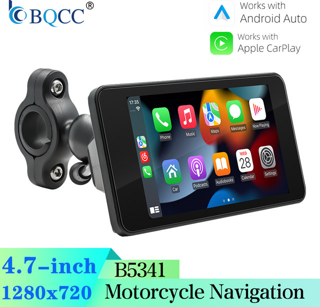 BQCC Motorrad-DVR mit 4,7 Zoll IPS-Display, kabelloses CarPlay und Android Auto, wasserdichter tragbarer Monitor in Schwarz - Bild 1