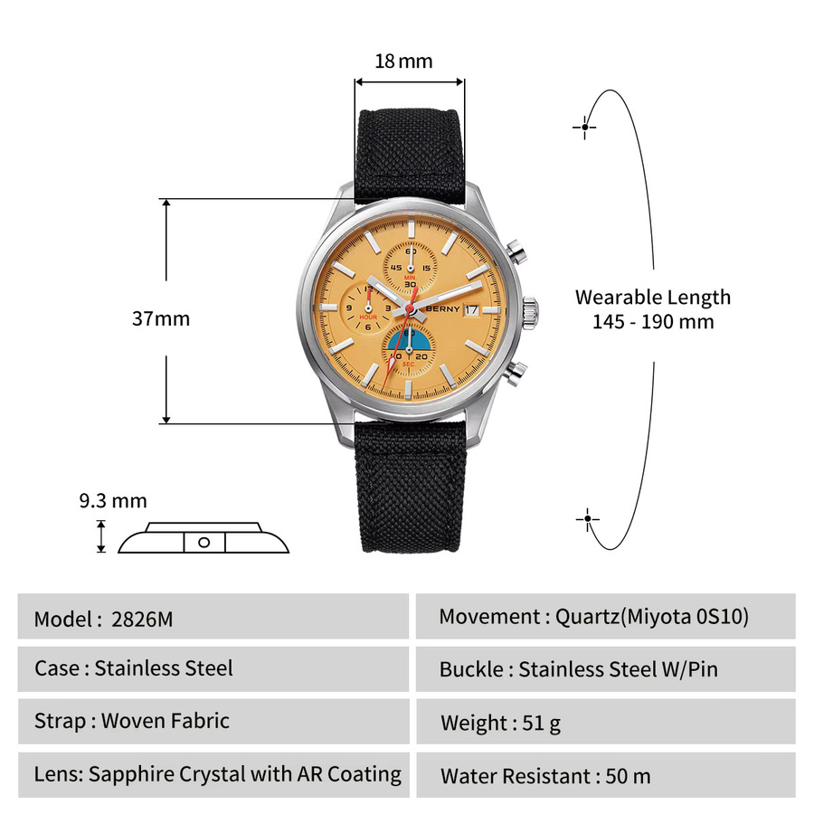 BERNY Chronograph, Quarz, Edelstahl, Saphirglas, Textil/NATO, Herren - Bild 6