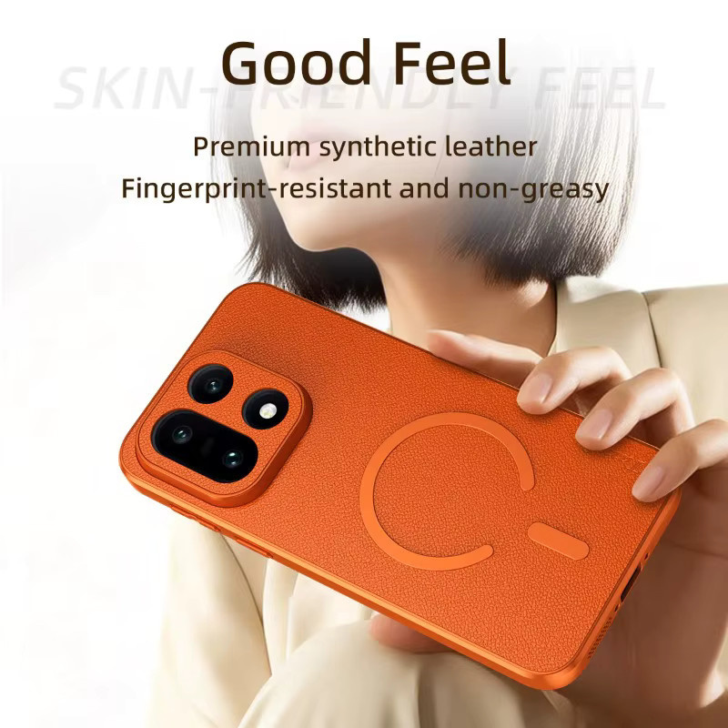 Stoßfeste PU-Lederhülle für OnePlus 15 mit magnetischer kabelloser Ladefunktion in Schwarz und Orange - Bild 4