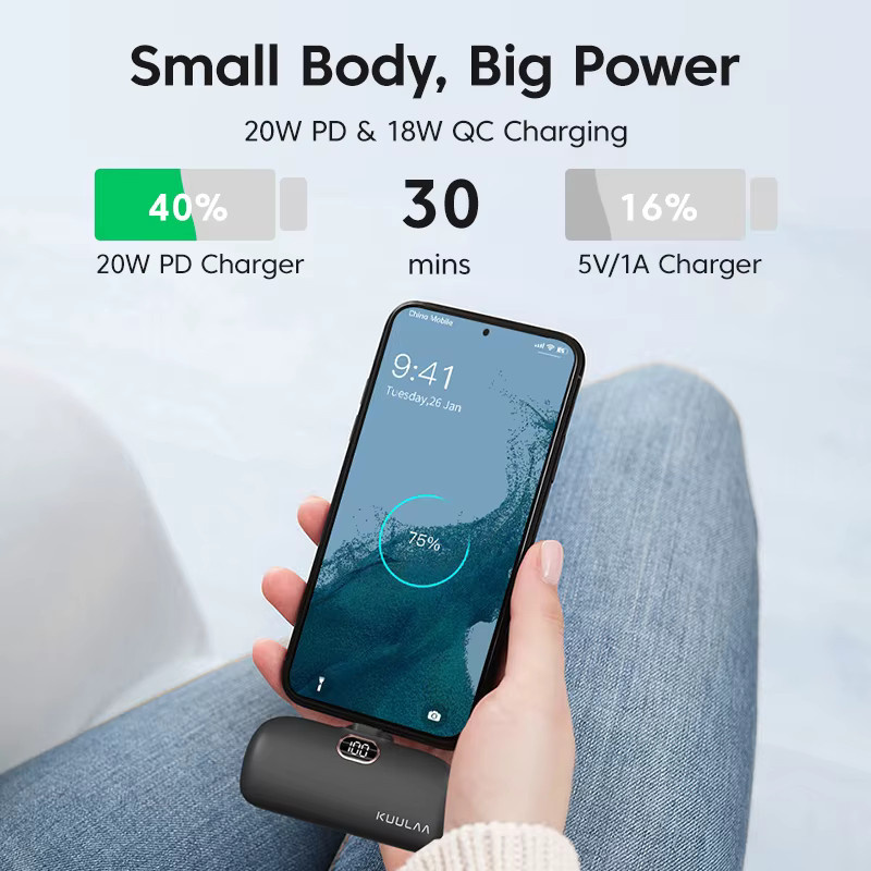 Kuulaa Mini Powerbank 5000mAh mit QC PD Schnellladung für iPhone 15 14 13 und Xiaomi Mi, Tragbares Ladegerät mit USB-C, Farben: Schwarz oder Lila - Bild 2