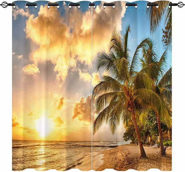 Binchi Outdoor Equipment Fensterstoffvorhang mit tropischem Ozean und hawaiianischem Sonnenuntergang, 2 Paneele, Multicolour, B: 100 cm, H: 160 cm - Bild 1
