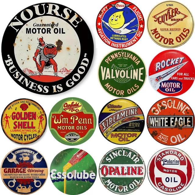 Potdemiel Vintage Motoröl Schild aus Aluminium, Rundes Metallschild im Retro-Design für Garage und Bar, Durchmesser: 20 cm, Multicolor - Bild 1