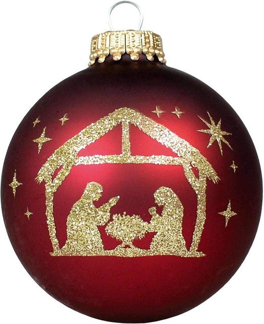 Christbaumkugel Uljö aus Glas in Rot und Gold mit Krippenmotiv und Engel-Dekor - Bild 1