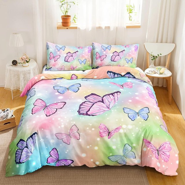 Binchi Fitness Schmetterling Bettwäsche-Set für Kinder mit Regenbogen-Motiv, Rosa Lila Multicolour, B/H: 140 x 200 cm - Bild 1
