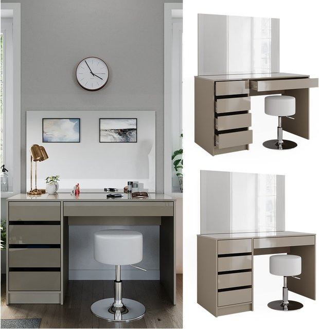 Vicco Schminktisch Sherry Greige Hochglanz mit Spiegel, Hocker und 5 Schubladen, B: 120 cm, H: 75 cm - Bild 1
