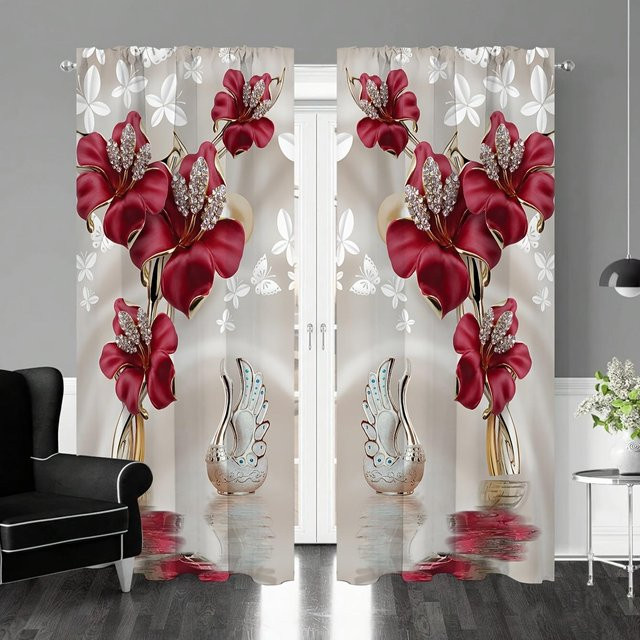 Yiran Furniture Blumenmuster Vorhänge mit Ösen und Stangentaschen, 2er-Set, halbtransparent, Multicolour, B: 65 cm, H: 60 cm - Bild 1
