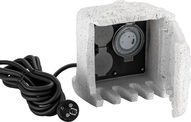 Wiltec 2-Fach Gartensteckdose in Steinoptik mit Zeitschaltuhr und 5m Kabel, Grau/Weiß - Bild 1