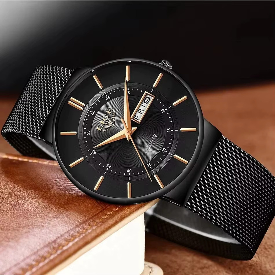 LIGE Chronograph, Herren, Edelstahl, Schwarz, Milanaise, Datum, Wochentag - Bild 2