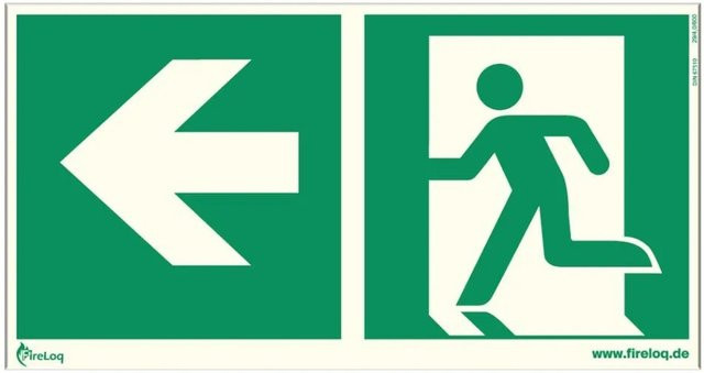 FireLoq Fluchtweg-Schild Links, nachleuchtende Kunststoffplatte, grün, selbstklebend - Bild 1