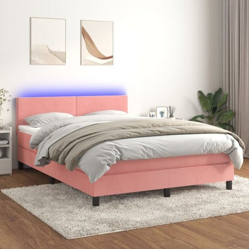 Vidaxl Boxspringbett mit Matratze und LED in Rosa und Weiß, Samt, B/T/H: 140 x 190 x 88 cm - Bild 1
