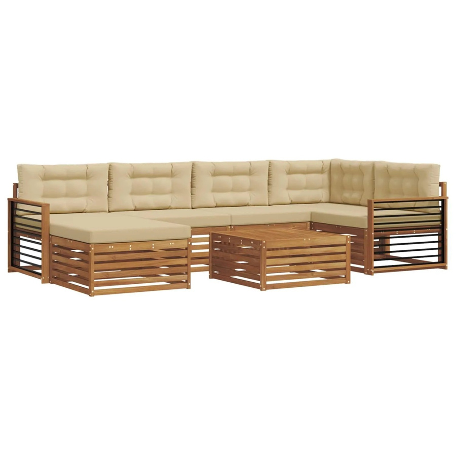 vidaXL Outdoor-Sofagarnitur aus Akazienholz in L-Form mit 7-teiligem Set, Farbe Natur und Beige, inklusive wetterfester Kissen aus UV-beständigem Polyester - Bild 2
