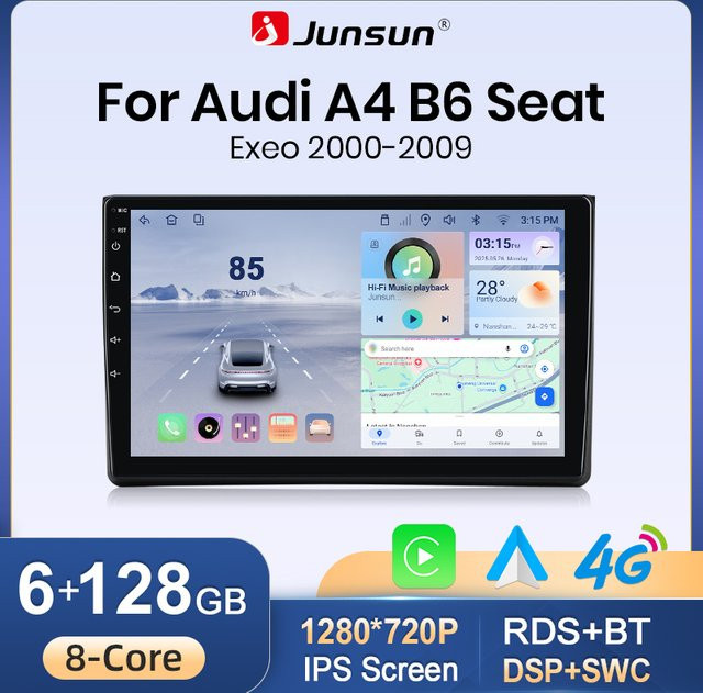 Junsun Android 15 Autoradio für Audi A4 B8 B7 B6 S4 RS4 2000-2009 mit kabellosem Apple CarPlay und IPS-Bildschirm, 2 Din Multimedia-System in Schwarz - Bild 1