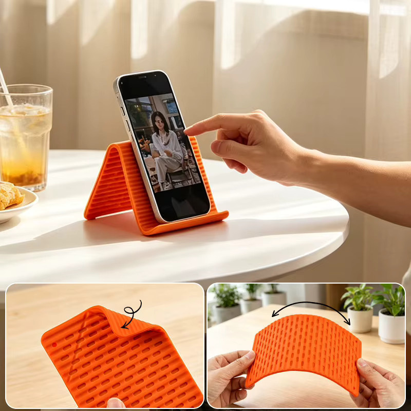 Faltbarer und verstellbarer Telefonständer aus Silikon in Grau und Orange, universeller Schreibtischhalter und tragbare Tablet-Halterung mit mehreren Winkeln für Büro und Zuhause - Bild 2