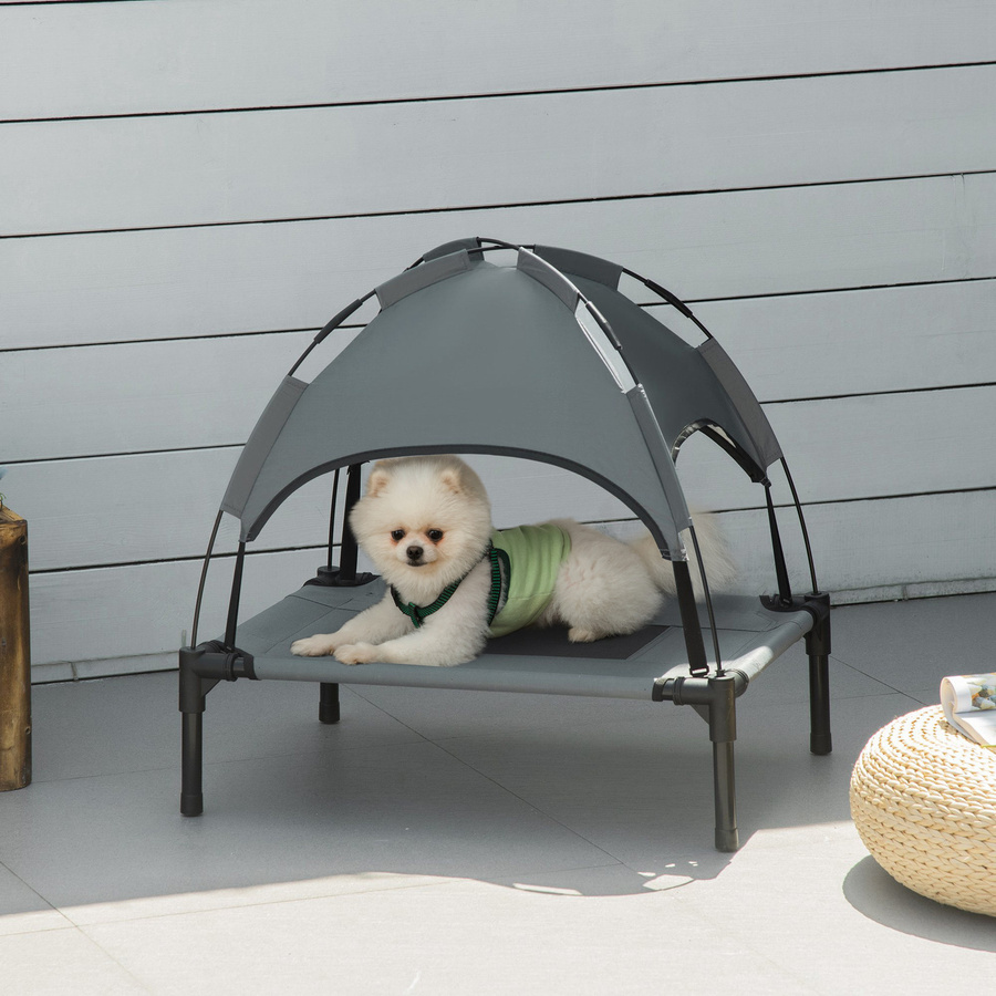 PawHut Hundeliege Outdoor mit Baldachin und Dach, erhöhtes Haustierbett aus atmungsaktivem Stoff in Grau, B/T/H: 61 x 46 x 62 cm - Bild 2