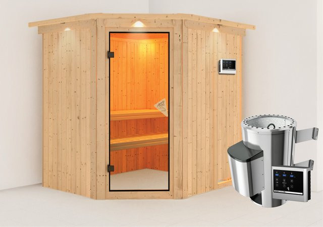 Karibu Sauna Livia mit 3,6 kW Ofen, externer Steuerung, LED-Dachkranz und Ganzglastür in Bronze, B/T/H: 196 x 170 x 202 cm - Bild 1