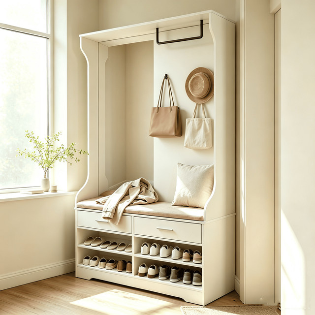 Moderner Garderobenständer mit Schuhbank und 2 Schubladen in Weiß mit integrierter Kleiderstange und Regal für Flur und Schlafzimmer - Bild 1