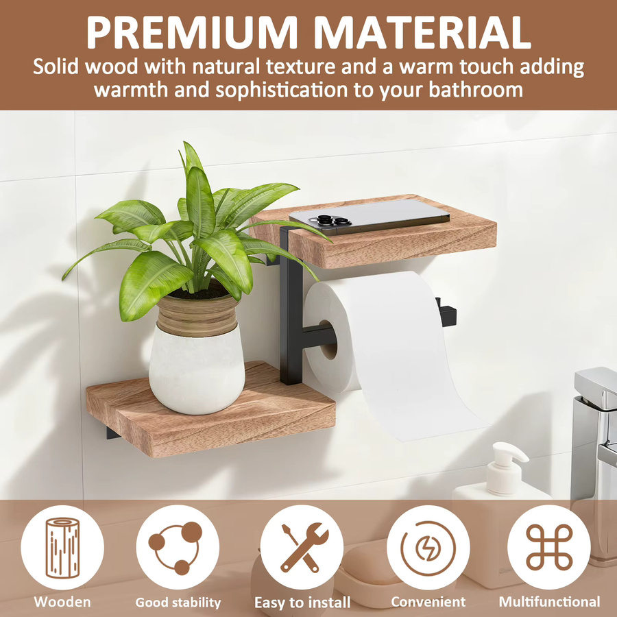 Everso Toilettenpapierhalter aus Holz zur Wandmontage mit Regal in Braun - Bild 2